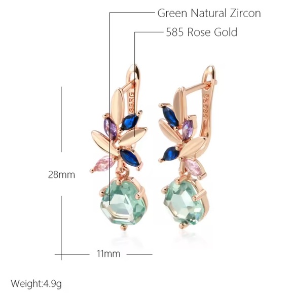 Green Natural Zirconia Pendant Rose Gold Earrings - Picture 3 of 7